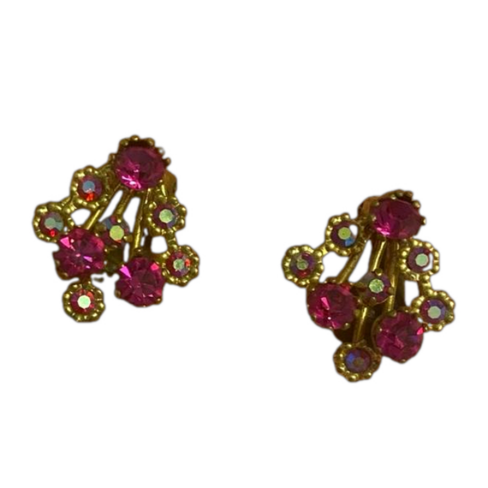 Glamorous Vintage 1930s 1940s Austrian Crystal Fuchsia Sparkle Clip On Earrings